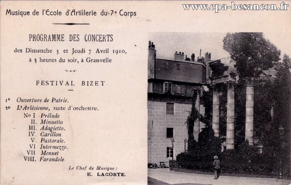 Musique de l'Ecole d'Artillerie du 7e Corps - Square Castan - Programme des Concerts des Dimanche 3 et Jeudi 7 Avril 1910, à 3 heures du soir, à Granvelle